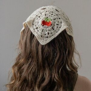 Crochet Knit Cherry White Red Cottagecore Summer Picnic Boho Festival Bandana